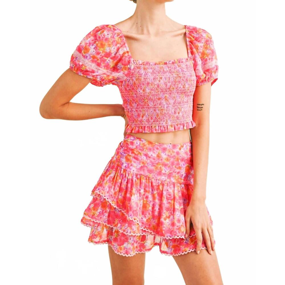 NEW RESET BY JANE isabel smocked bodice top in hot pink floral